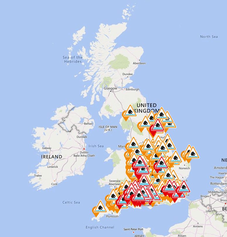  UK weather forecast - This December 20 map shows flooding is expected in 39 places (red triangle), and possible in 189 locations (orange)