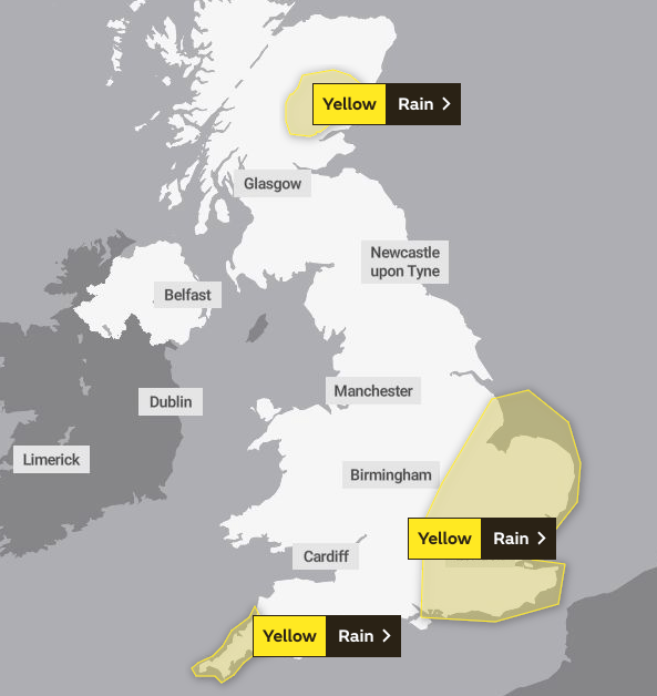  The Met Office has issued three separate weather warnings for rain in the South East, South West and northern Scotland on Friday