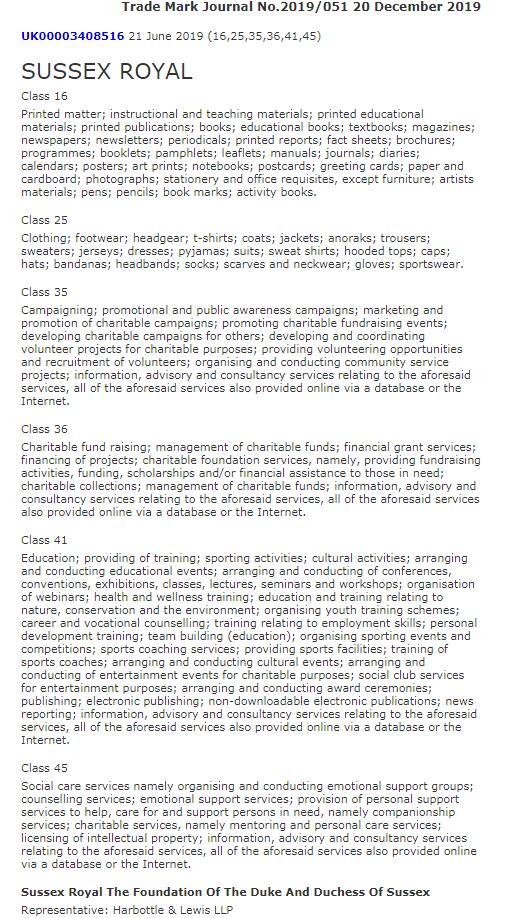  Above: the full list of products and services covered by the Duke and Duchess of Sussex's trade mark