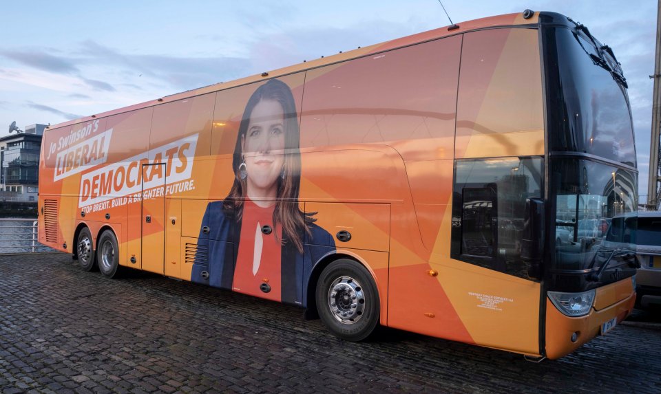  Jo Swinson's Liberal Democrats bus in Glasgow - which is a diesel one for longer distances