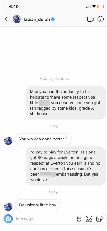  The Everton midfielder appears to call another fan 'delusional'