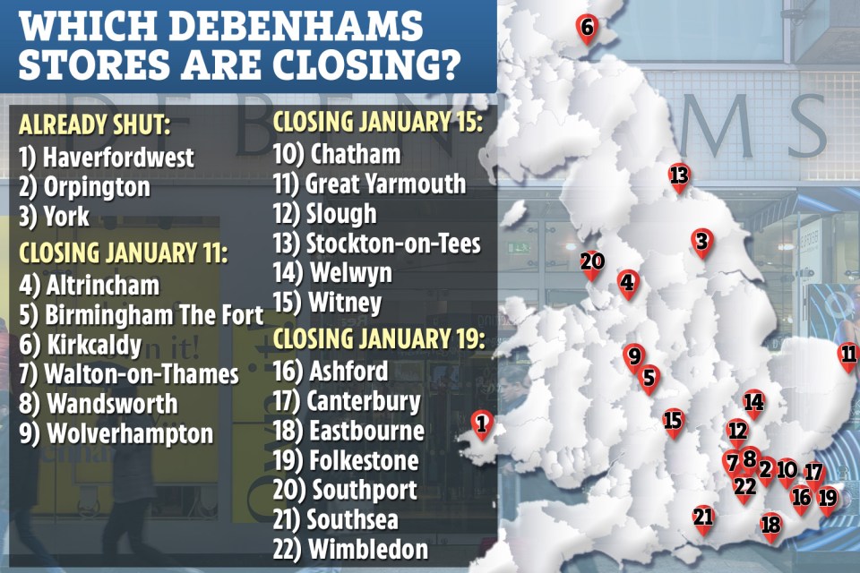  19 Debenhams stores will be shut in the next three weeks, three have already been axed, and 22 are earmarked for closure