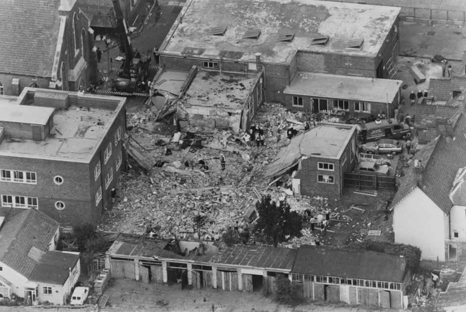 Aerial view of the damage done by the IRA bomb blast at Deal, Kent to the Royal Marines School of Music barracks