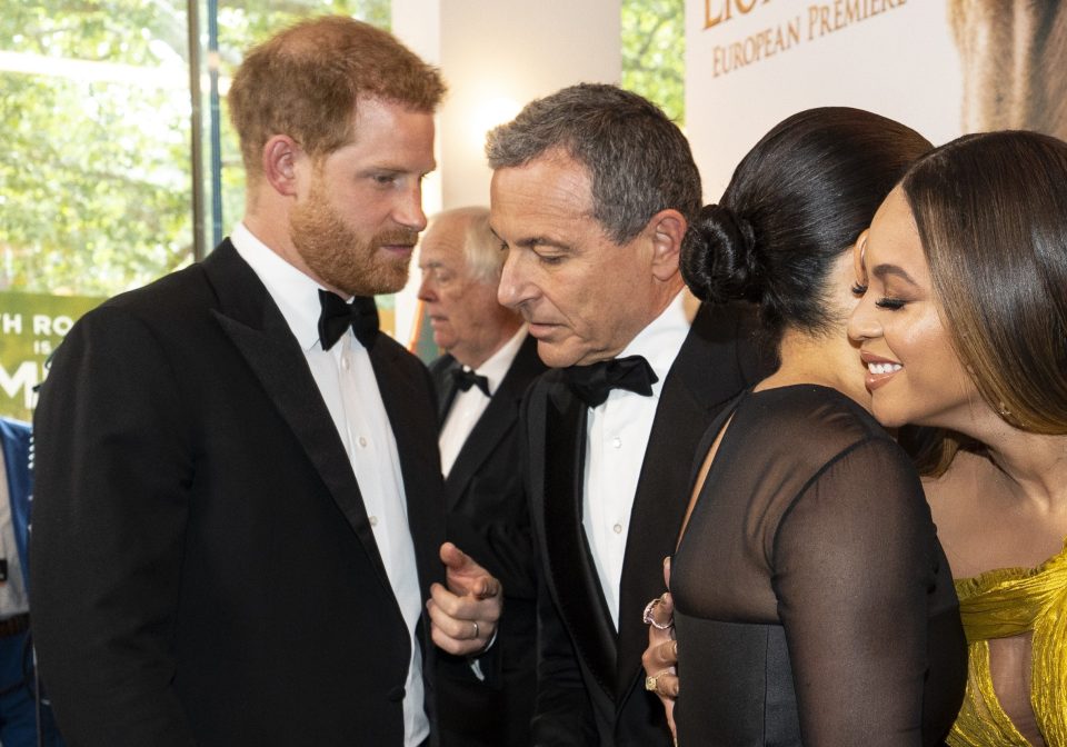  Harry was seen telling Disney boss Bob Iger his wife was keen on voiceover work at the Lion King premiere