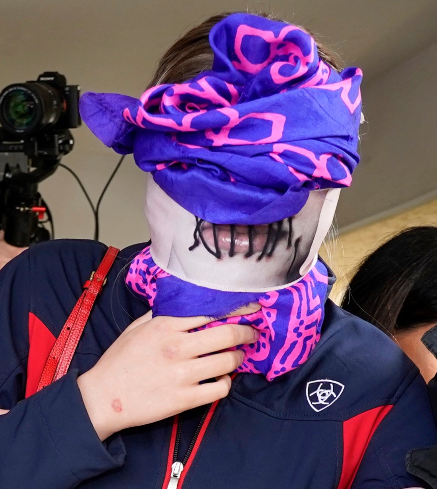 The teen wore a mask with 'stitched lips' in protest at her prosecution and trial