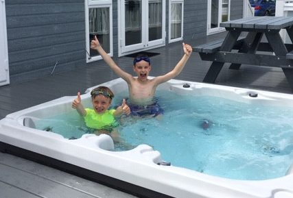 Stanley, nine, and Reggie, 12, made the most of the hot tub at the accommodation