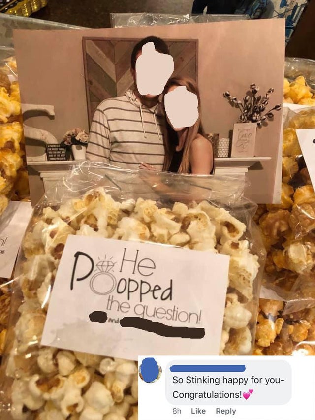 The couple decided to give out bags of popcorn to announce their engagement 