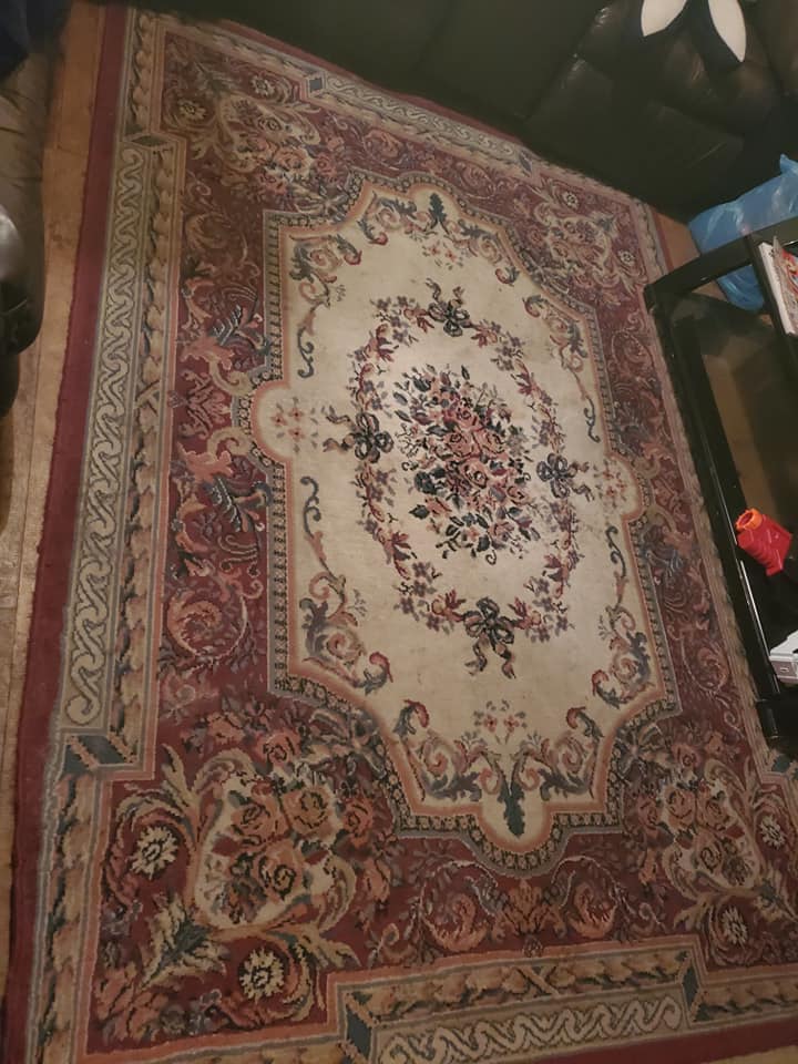 The woman's rug had seen better days after being in a house with two dogs 