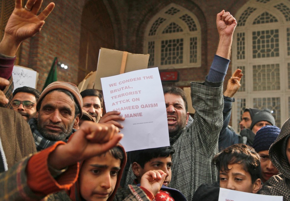 Crowds gathered after Sunday prayers in Magam, calling the attack an ‘act of terrorism’