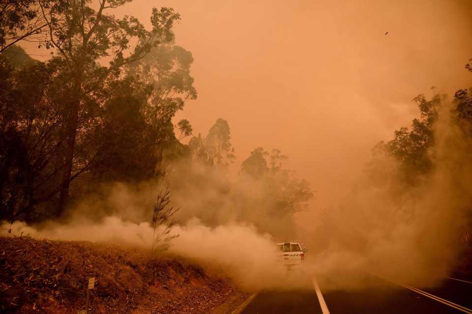  Firefighters tackle a bushfire in thick smoke in the town of Moruya, south of Batemans Bay, in New South Wales