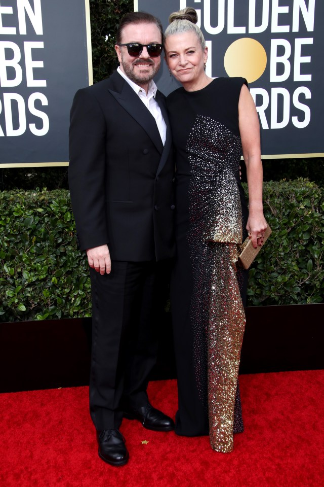 Golden Globes host Ricky Gervais and his partner Jane Fallon arrive on the red carpet