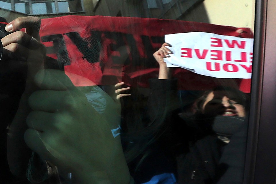  The 19-year-old is pictured leaving court and giving a thumbs up to protesters who had turned out to support her