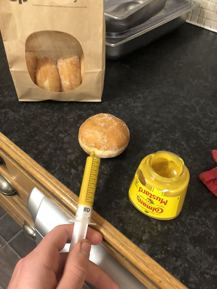  A scheming man from Leeds was sick of his sweet treats being taken from the work fridge, so he injected his doughnuts with mustard