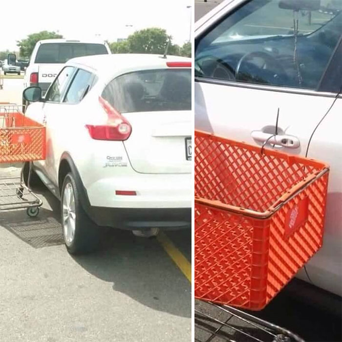  This angry shopper wanted to teach a lesson to a driver who parked across two spaces, so they cable-tied a trolley to the door handle