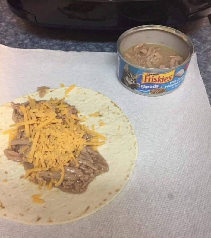  Another jilted worker had enough of their work being stolen from the communal fridge, so decided to make a cat food taco to teach the thieves a lesson