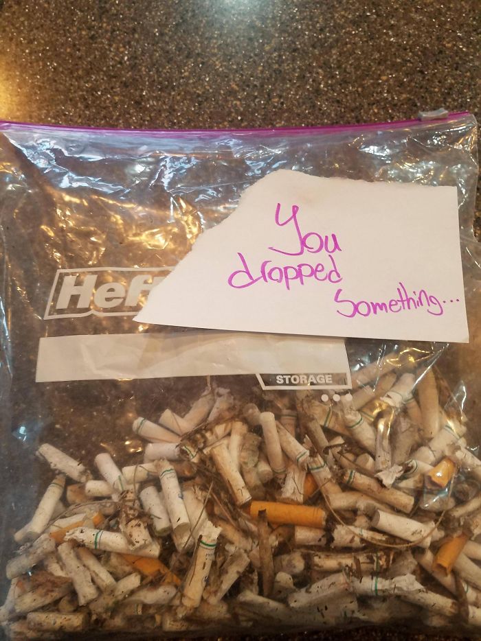  A frustrated US resident collected the cigarette butts dropped into their yard by their neighbours and handed them back in a sealed bag