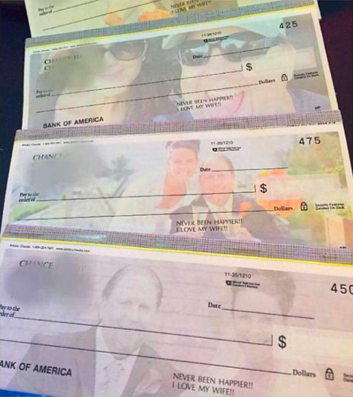  This man went to the extreme length of having his photo taken with his new wife printed on cheques, so he could send his alimony to his ex with an extra sting