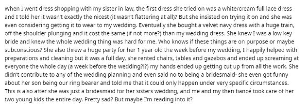 The upset bride took to Reddit to her sister-in-law had also declined being a bridesmaid