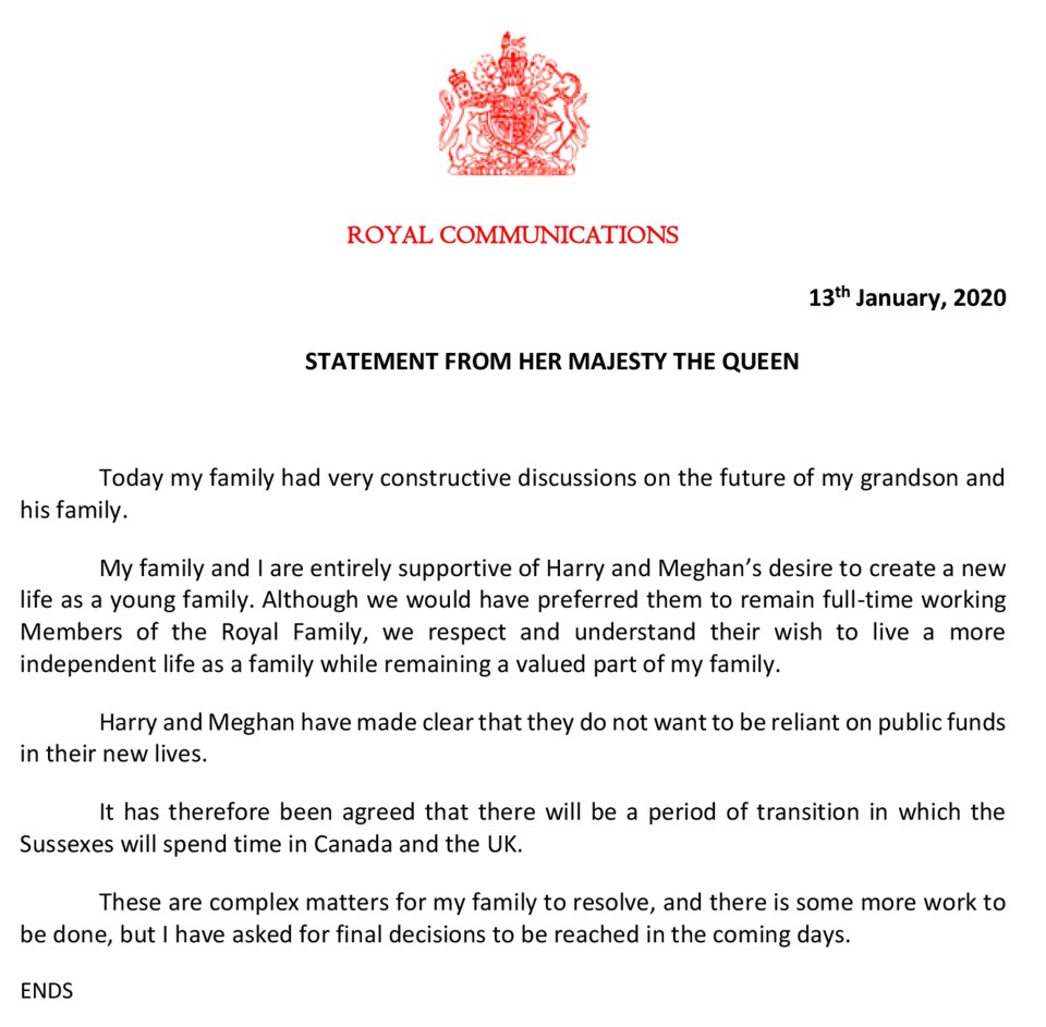 The Queen issued a statement on Harry and Meghan’s decision to step back from royal duties