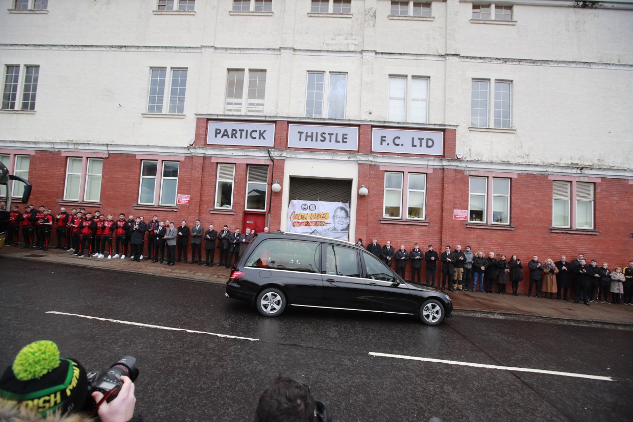 Colin's coffin outside the ground of his beloved Partick Thistle FC in Glasgow