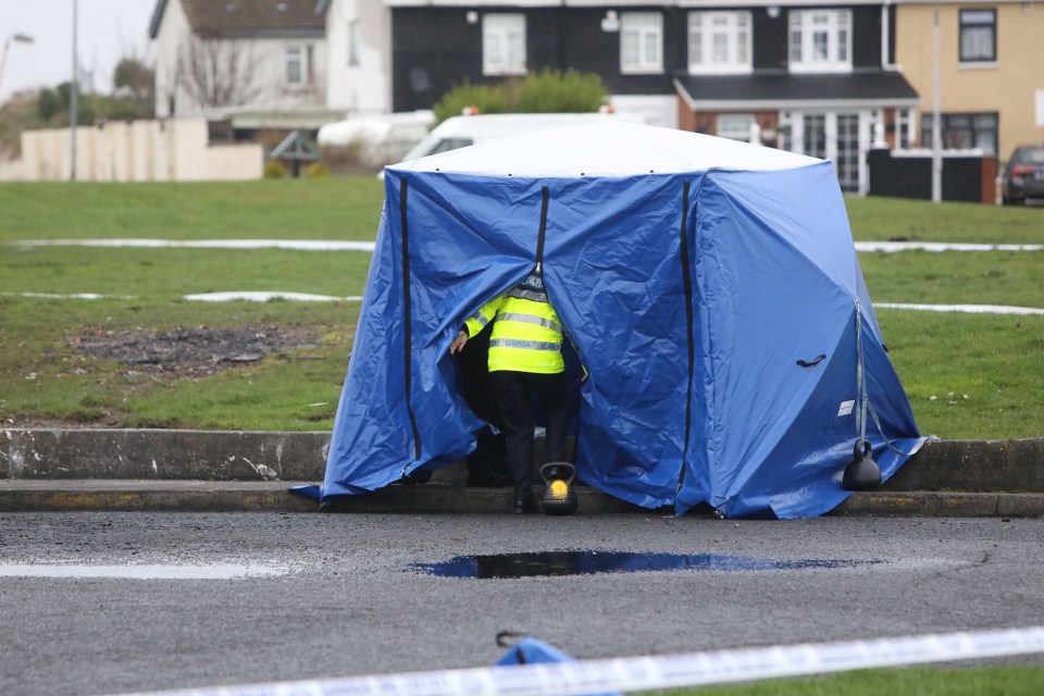 The police tent where the body parts were found outside homes on Monday