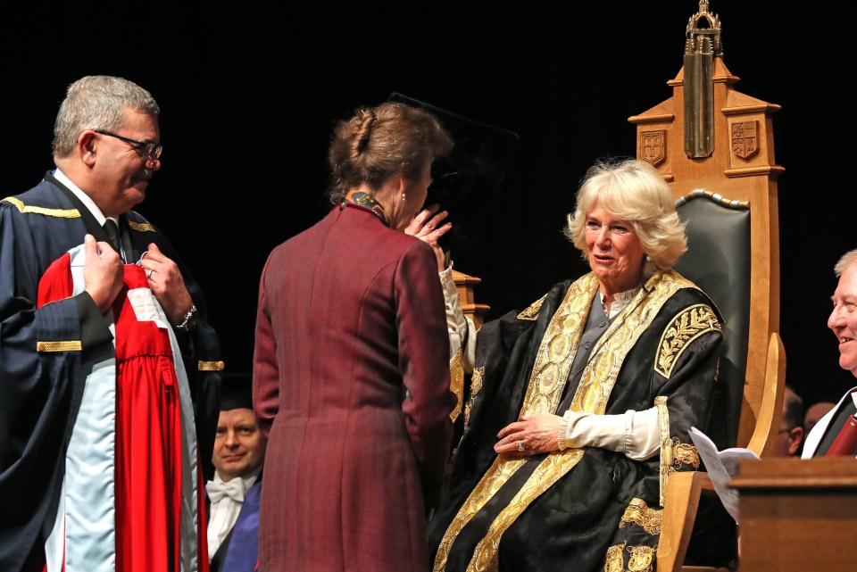 Harry’s stepmum Camilla was also back at work today presenting an honorary degree to the Princess Royal at the University of Aberdeen