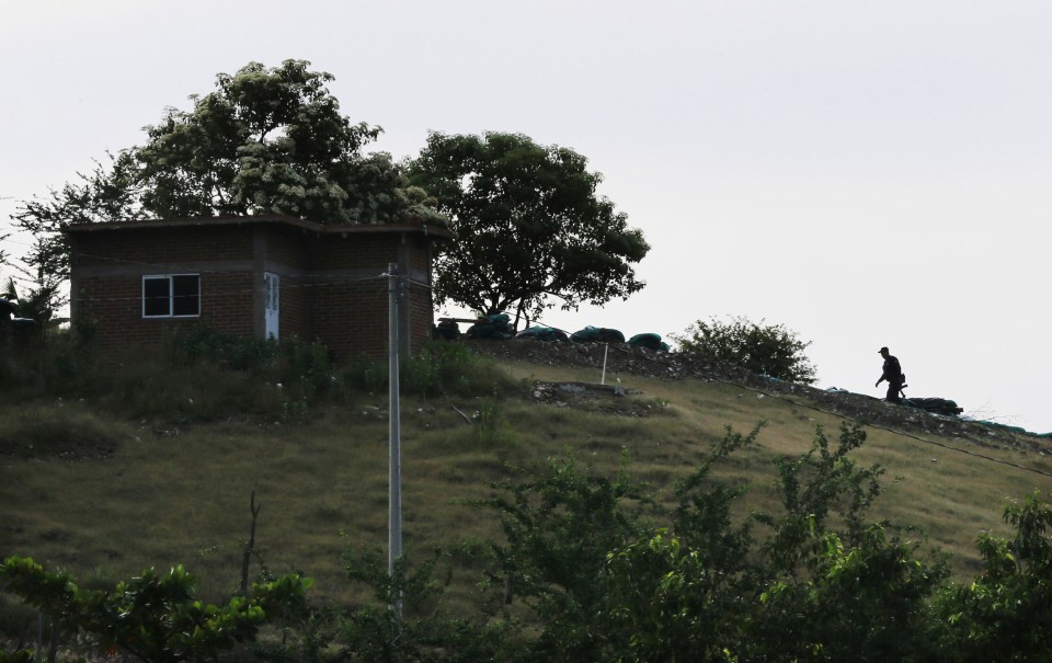 An armed vigilante walks up to a sniper spot to defend avocado production against CJNG violence