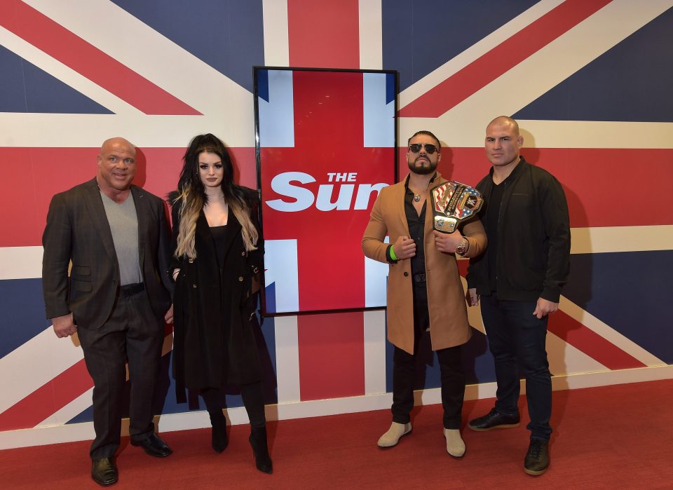  Paige alongside Andrade, Kurt Angle and Cain Velasquez in WWE's SunSport takeover for BT Sport