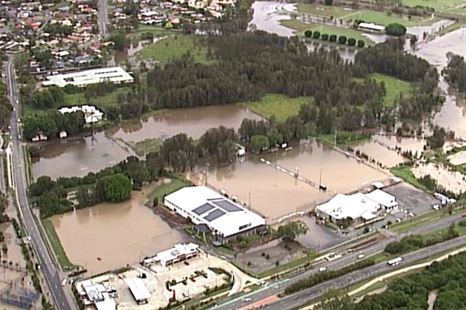  An aerial image shows flooded fields on Gold Coast, Australia