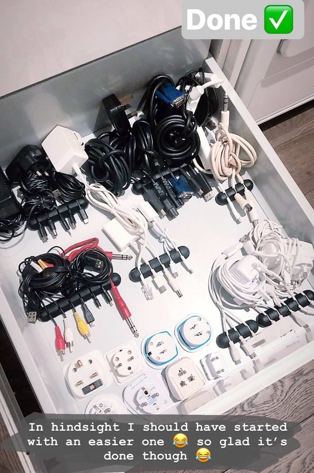 Stacey also has a neat wire drawer with all plugs and leads organised with clips