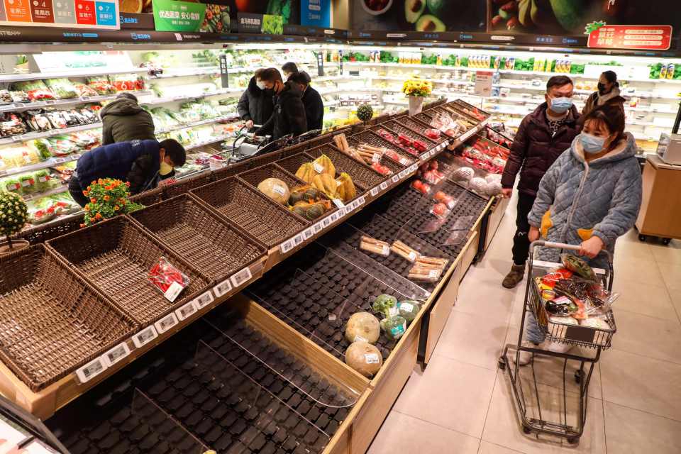  With the city under quarantine supplies are running low in this Wuhan supermarket