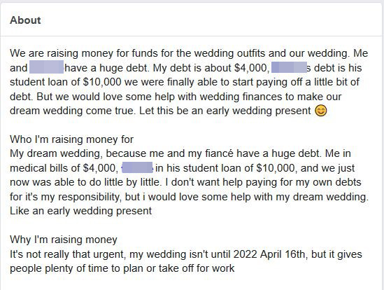 The bride and groom explained how any donations would be an 'early wedding present'