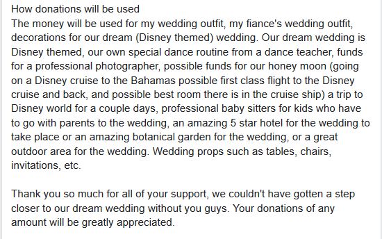 The couple explained the money would go towards their big day and a swanky honeymoon to the Bahamas