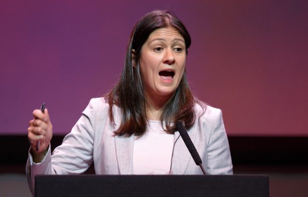 Lisa Nandy speaking at the Labour leadership hustings on the stage at SEC in Glasgow on February 15