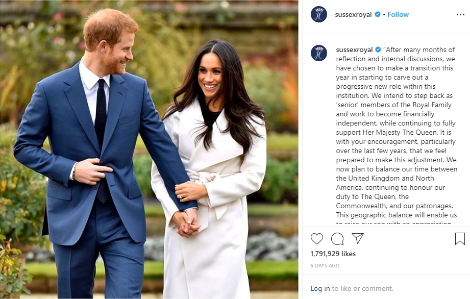 The Sussexes announced their intentions to step down via Instagram last week