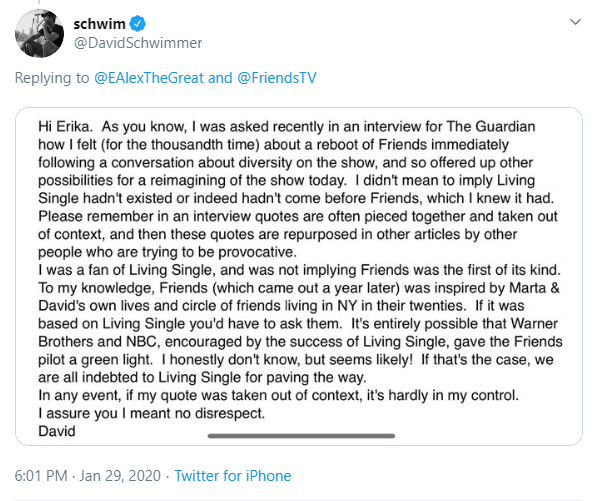  David took to Twitter to insist he meant no disrespect to Erika or her show, Living Single