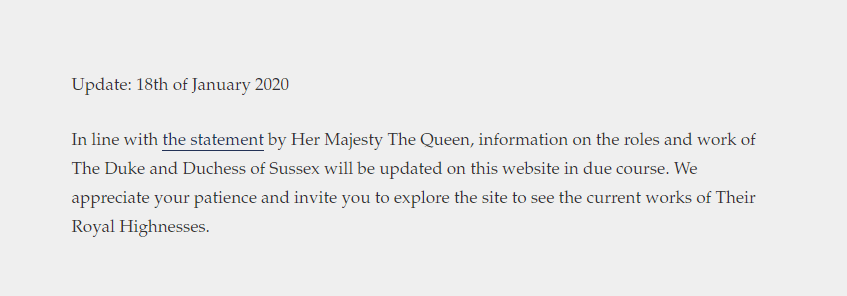  The SussexRoyal website was swiftly updated after Buckingham Palace's announcement