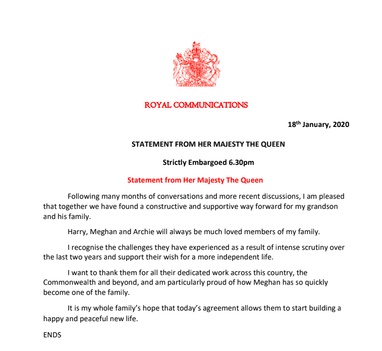  The latest statement on the royal couple's future