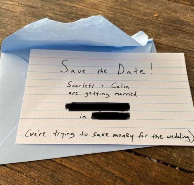 A bride and groom have left wedding guests baffled after sending 'save the dates' on index cards