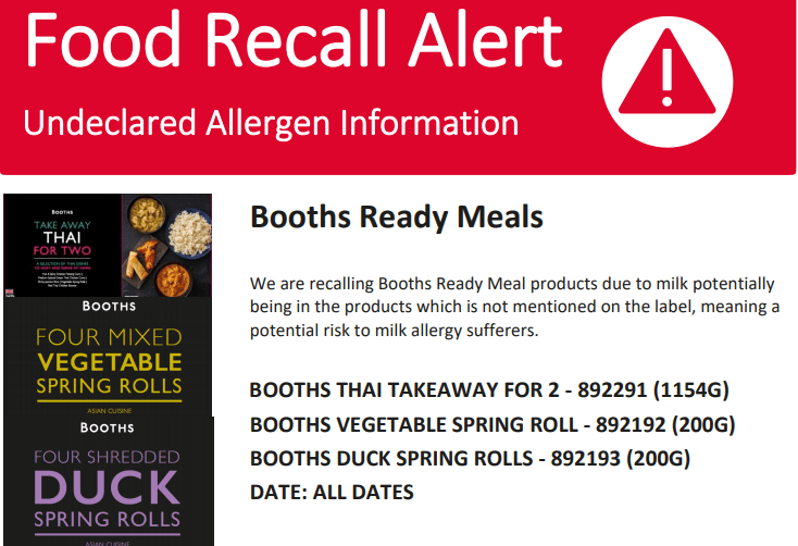  Booths fakeaway meals have been recalled due to a labelling error regarding its spring rols