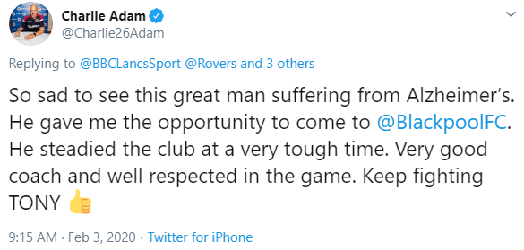  Charlie Adam tweeted his best wishes to the man who gave him his chance at Blackpool