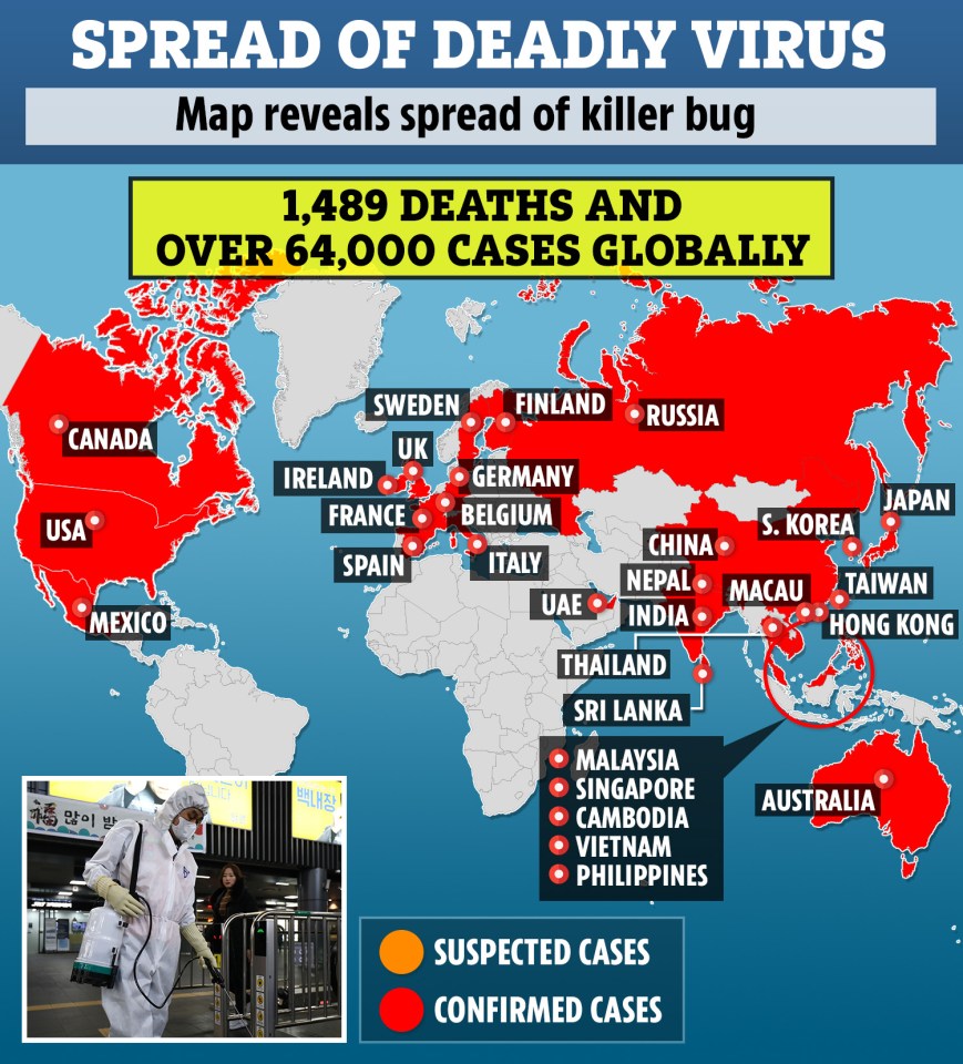  1,489 people have died and over 64,000 cases of the coronavirus have been recorded globally