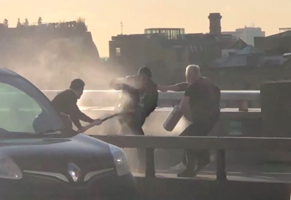  Passers-by fight off London Bridge terrorist Usman Khan with a fire extinguisher and a narwhal tusk last November