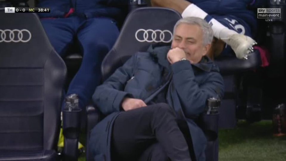  Jose Mourinho grins and bear it as Man City win a penalty after a long delay