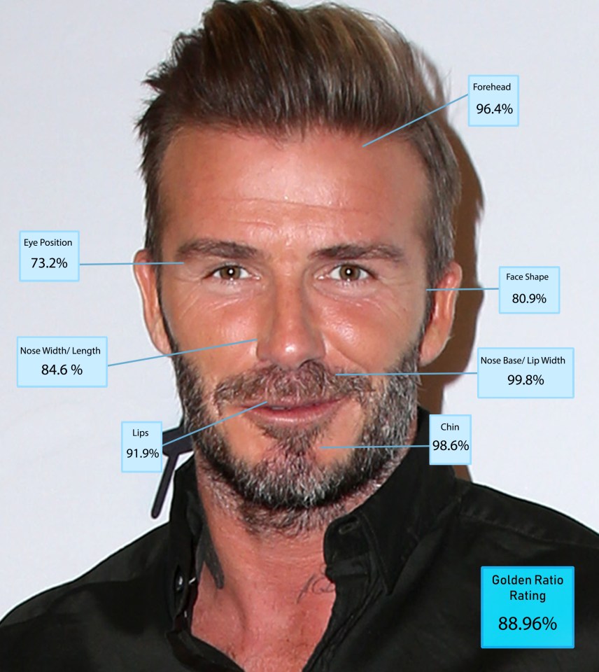  David Beckham was seventh with a score of 88.96 per cent and the most chiselled chin in the top ten