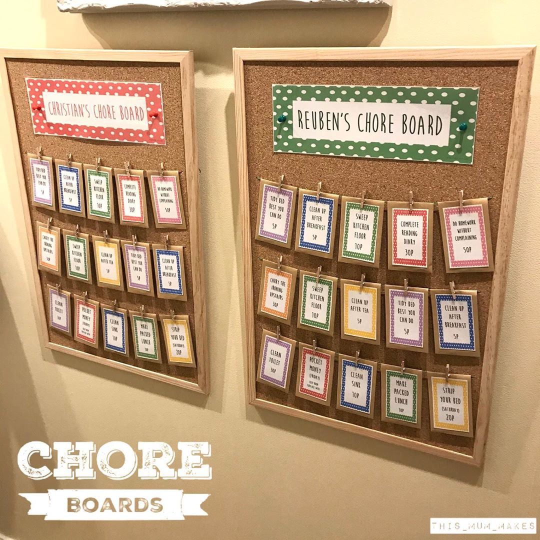 Rachel Riley made colour-coded chore boards for her two sons which has them collect money for chores they do each week