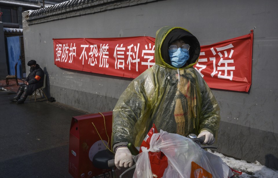 A Chinese woman wears a protective mask, plastic jacket and rubber gloves as she walks home with groceries in Beijing