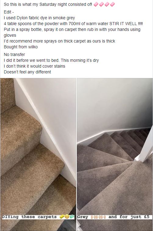 The woman posted how she sprayed on the dye to the stairs and rubbed it in by hand