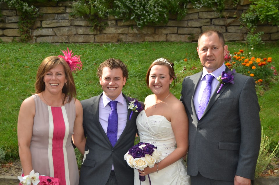  Beaming bride Marie is pictured with Brayden and his parents, Michelle and Christopher, who are also foster carers