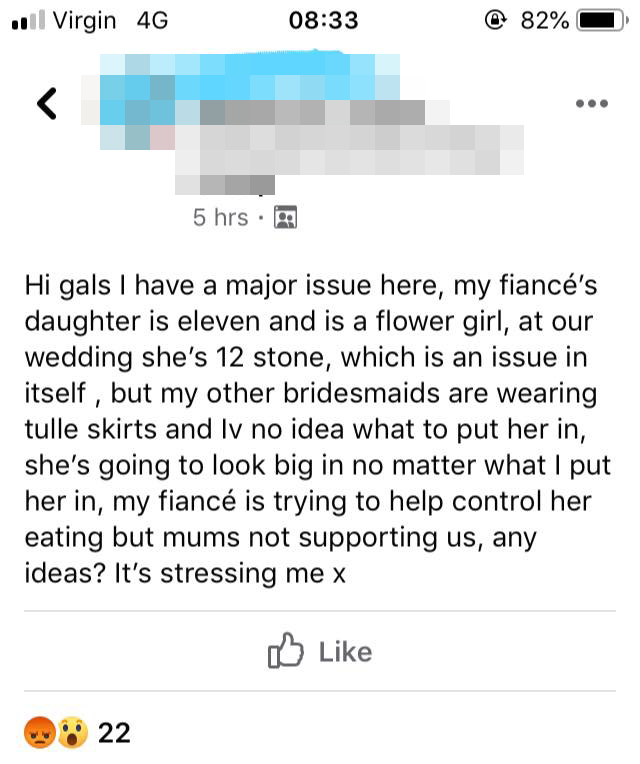 She asked fellow brides for advice, revealing she and her fiance are encouraging the 11-year-old to lose weight